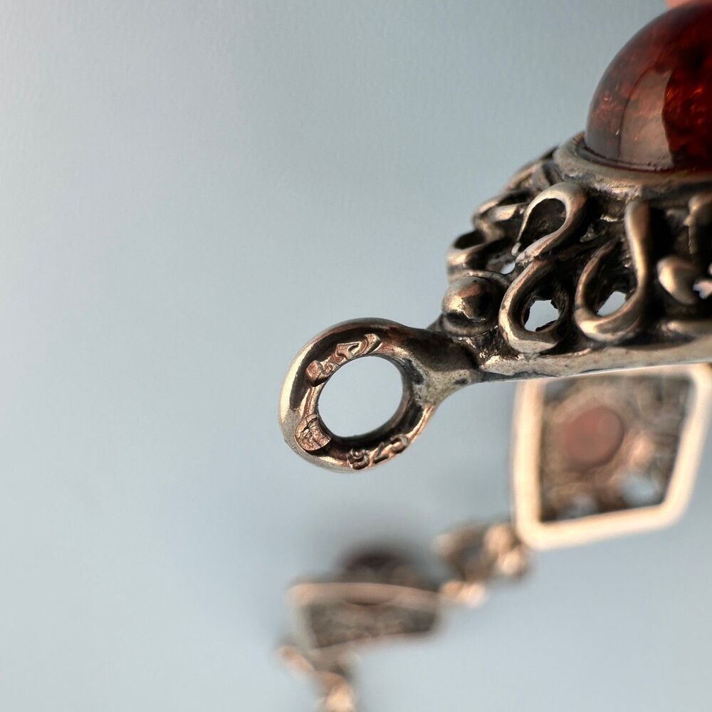 Vintage Sterling Silver Amber Bracelet Diamond Shape Filigree Floral Link Signed - Picture 9 of 16